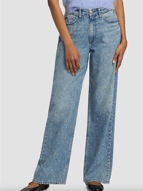 Rag & Bone Logan Mid-Rise Rhinestone Denim Straight-Leg Jeans size 28